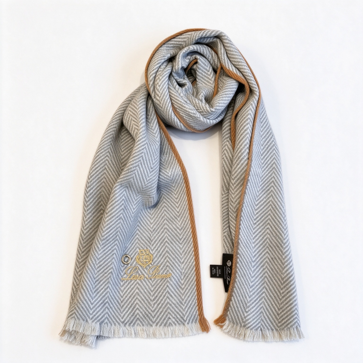 Loro Piana Grey & Camel Herringbone Cashmere Scarf | Signature Gold-Embroidered Logo Wrap Stole