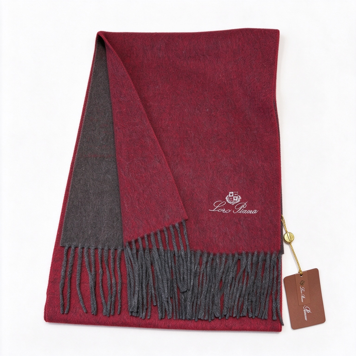 Loro Piana  Cashmere Grande Unita Reversible Scarf Burgundy & Charcoal Grey | Two-Tone Luxury Fringed Wrap Women's & Men's