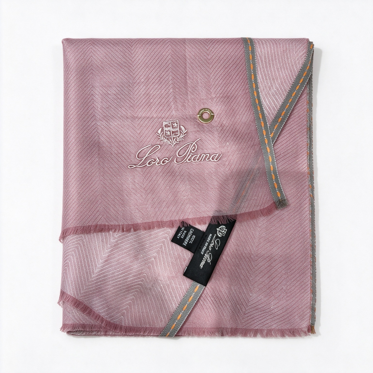Loro Piana  Cashmere Herringbone Scarf | Dusty Rose Pink Luxury Wrap with Brown & Orange Contrast Trim | Embroidered Crest & Gold Grommet