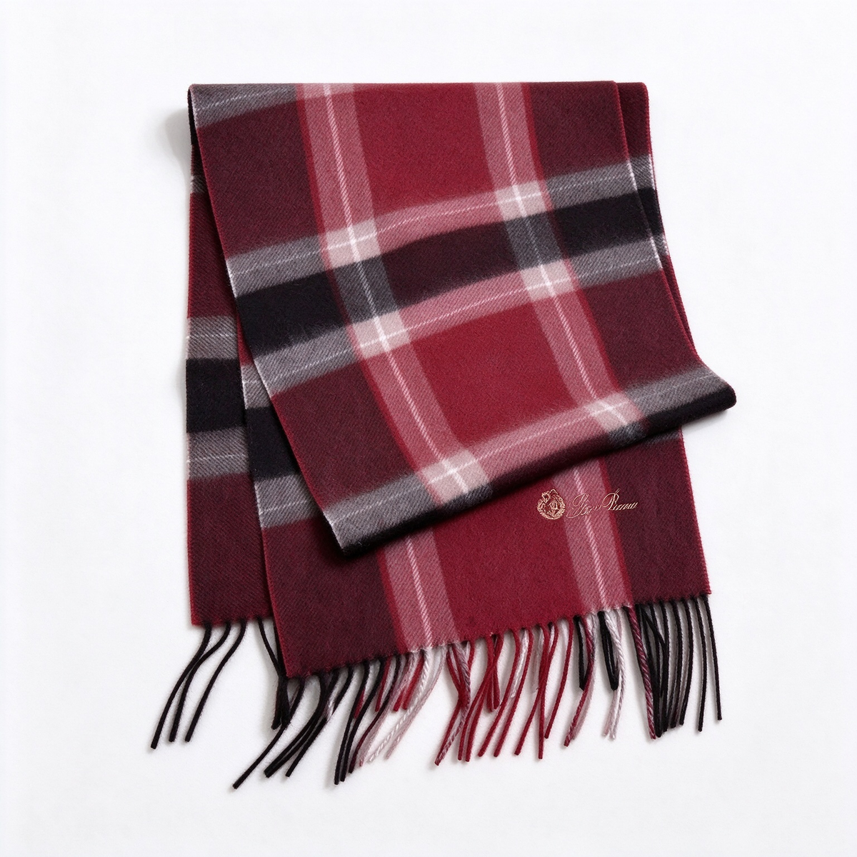 Loro Piana  Cashmere Tartan Plaid Scarf Shawl Burgundy Black Pink Grey | Luxury Embroidered Crest Fringed Wrap Women's & Men's
