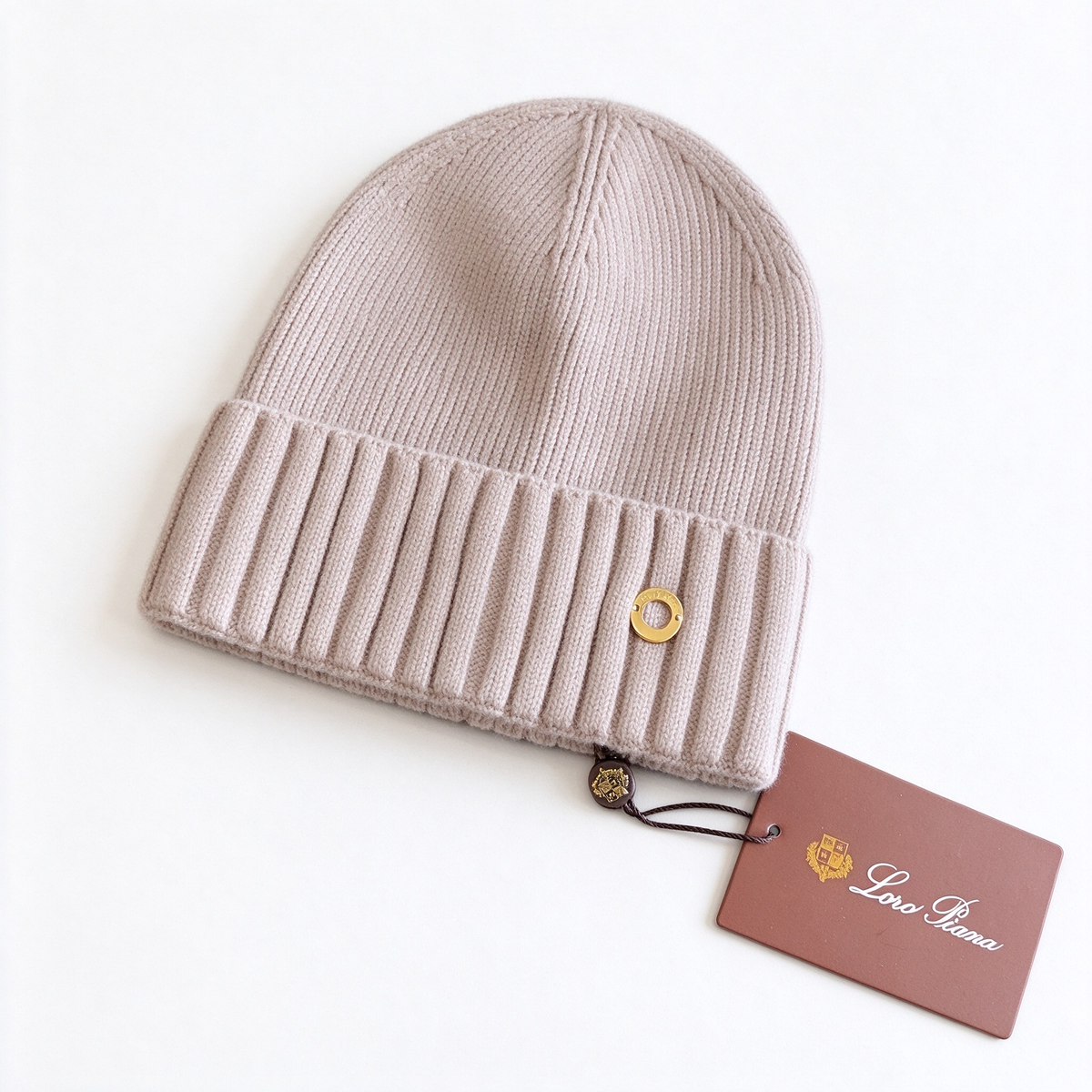 Loro Piana Taupe Cashmere Ribbed Beanie Hat | Gold Ring Embellished Luxury Knit Winter Cap