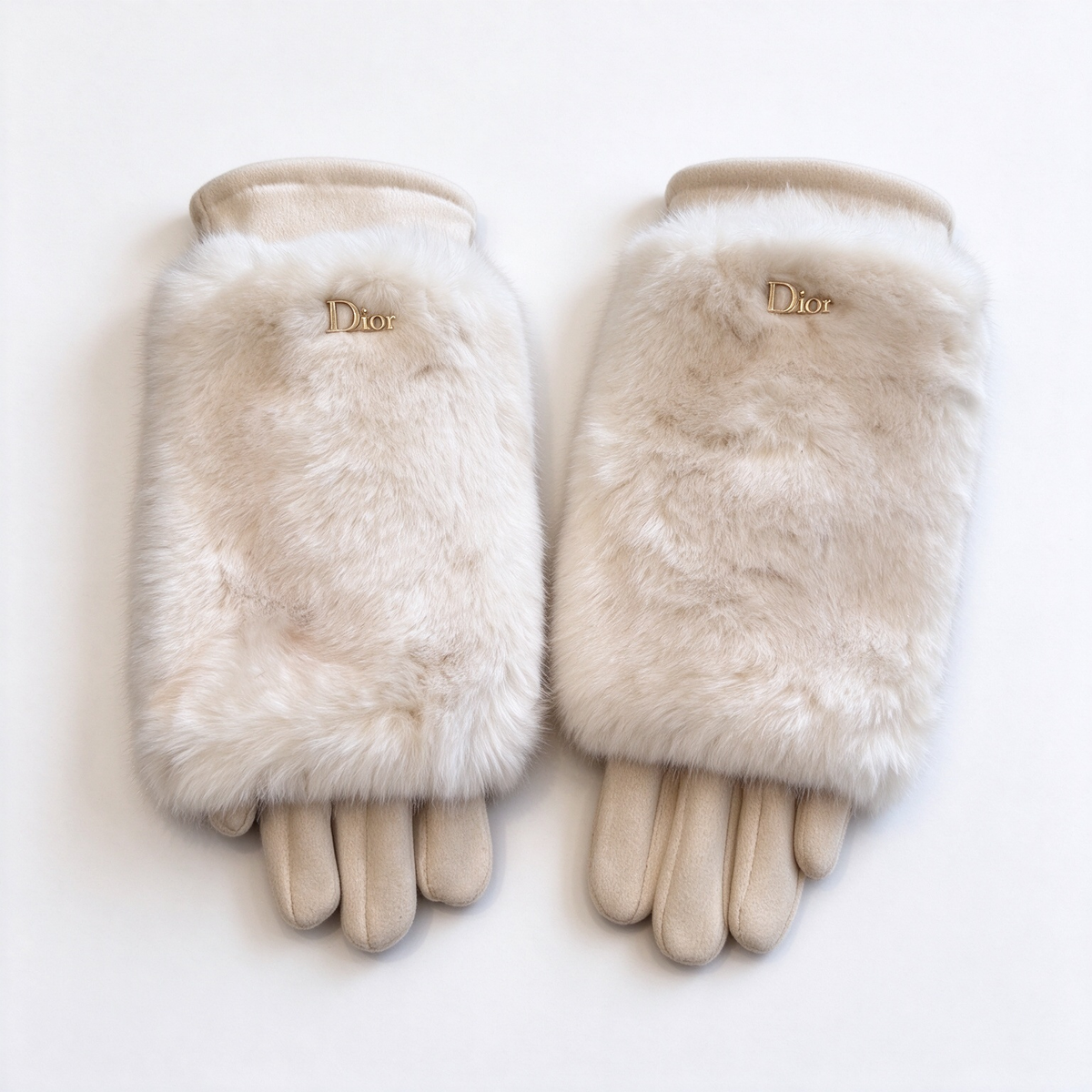 Dior Shearling Fur Gloves | Cream Beige Rabbit Fur & Suede with Gold Dior Logo
