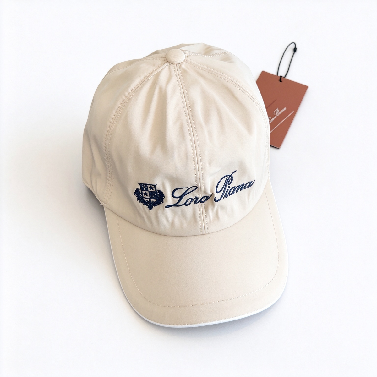 Loro Piana Storm System  Nylon Baseball Cap - Oatmeal/Ivory Waterproof Sport Golf Hat with Navy Blue Logo Embroidery, Luxury Designer Cap