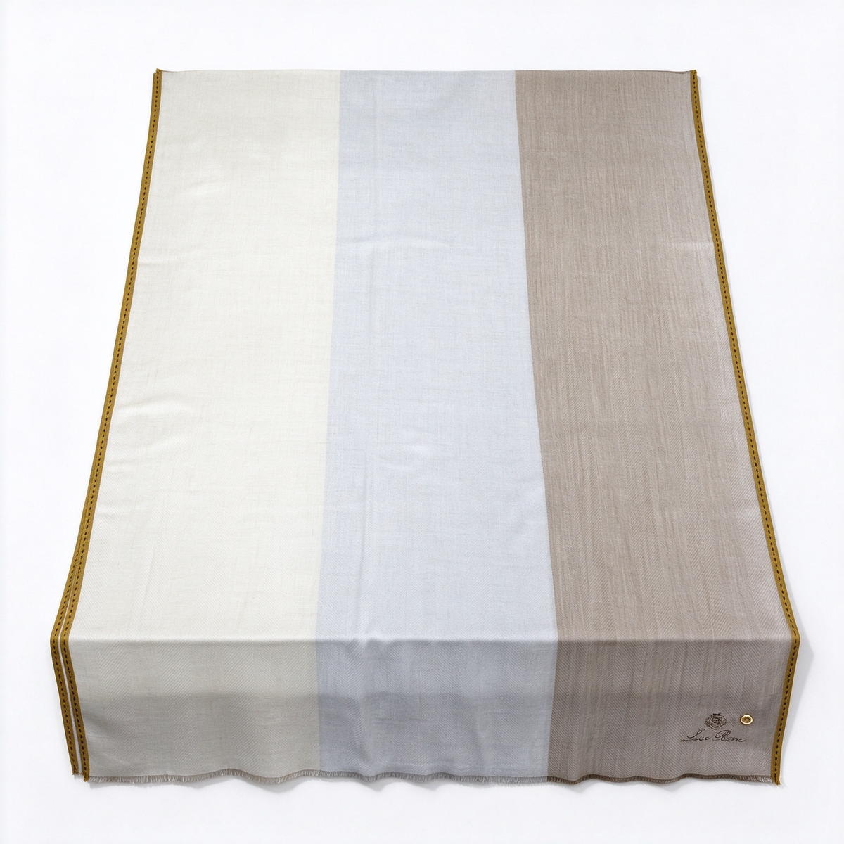 Loro Piana  Cashmere Scarf | Classic Plaid Luxury Wrap in Oatmeal & Grey with Mustard Yellow Satin Trim | Embroidered Crest & Gold Grommet