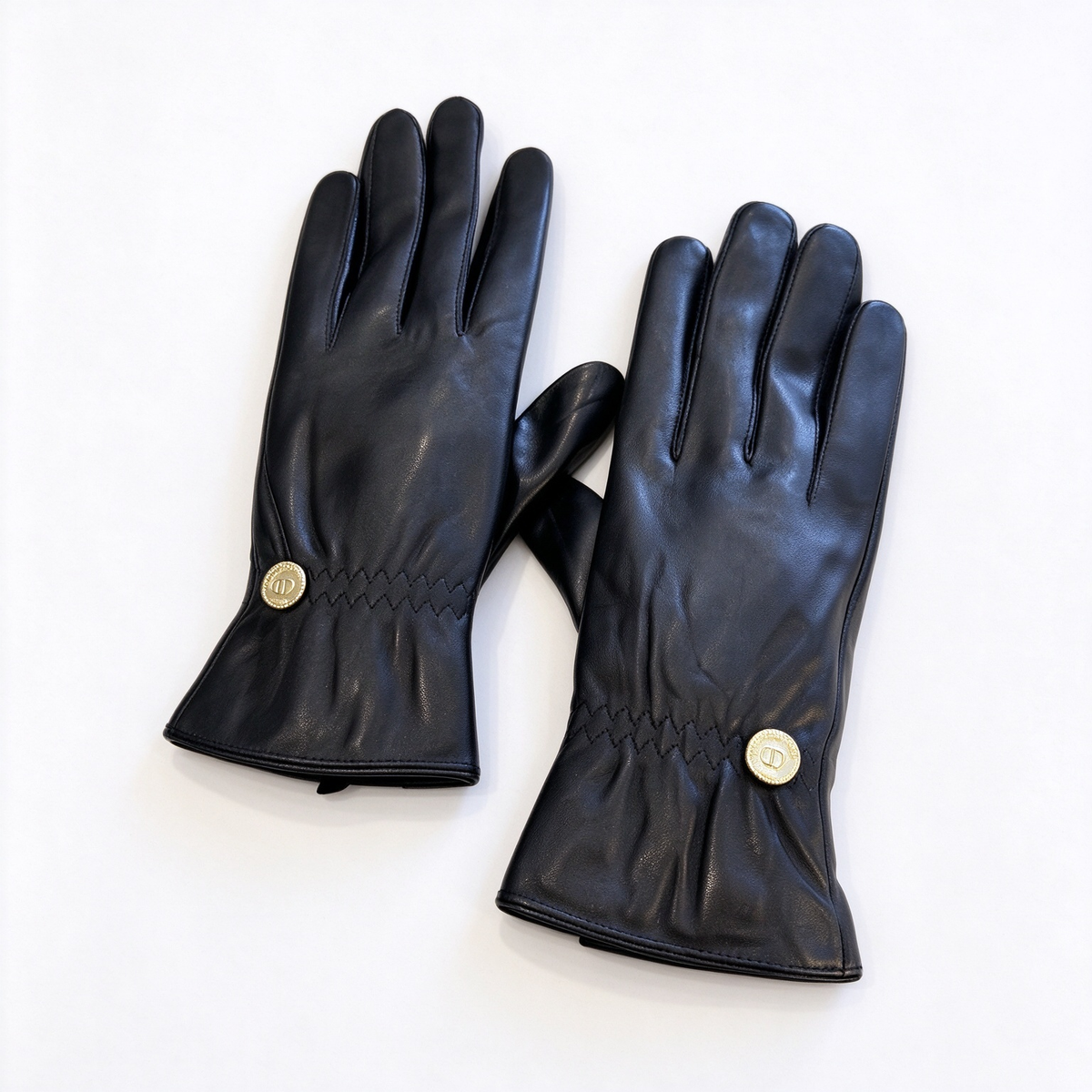 Dior Lambskin Leather Gloves | Black with Gold-Tone Circular CD Button & Smocked Wrist Detail