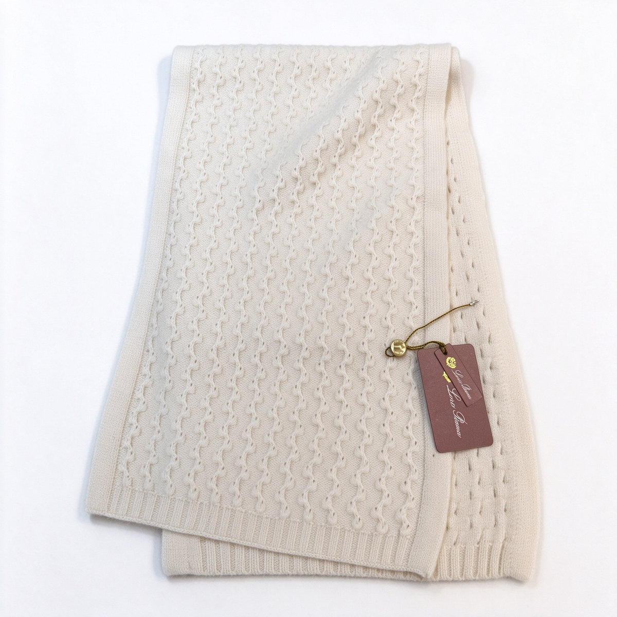 Loro Piana Cream Cable Knit Cashmere Scarf | Luxury Italian Woven Wool Wrap Shawl