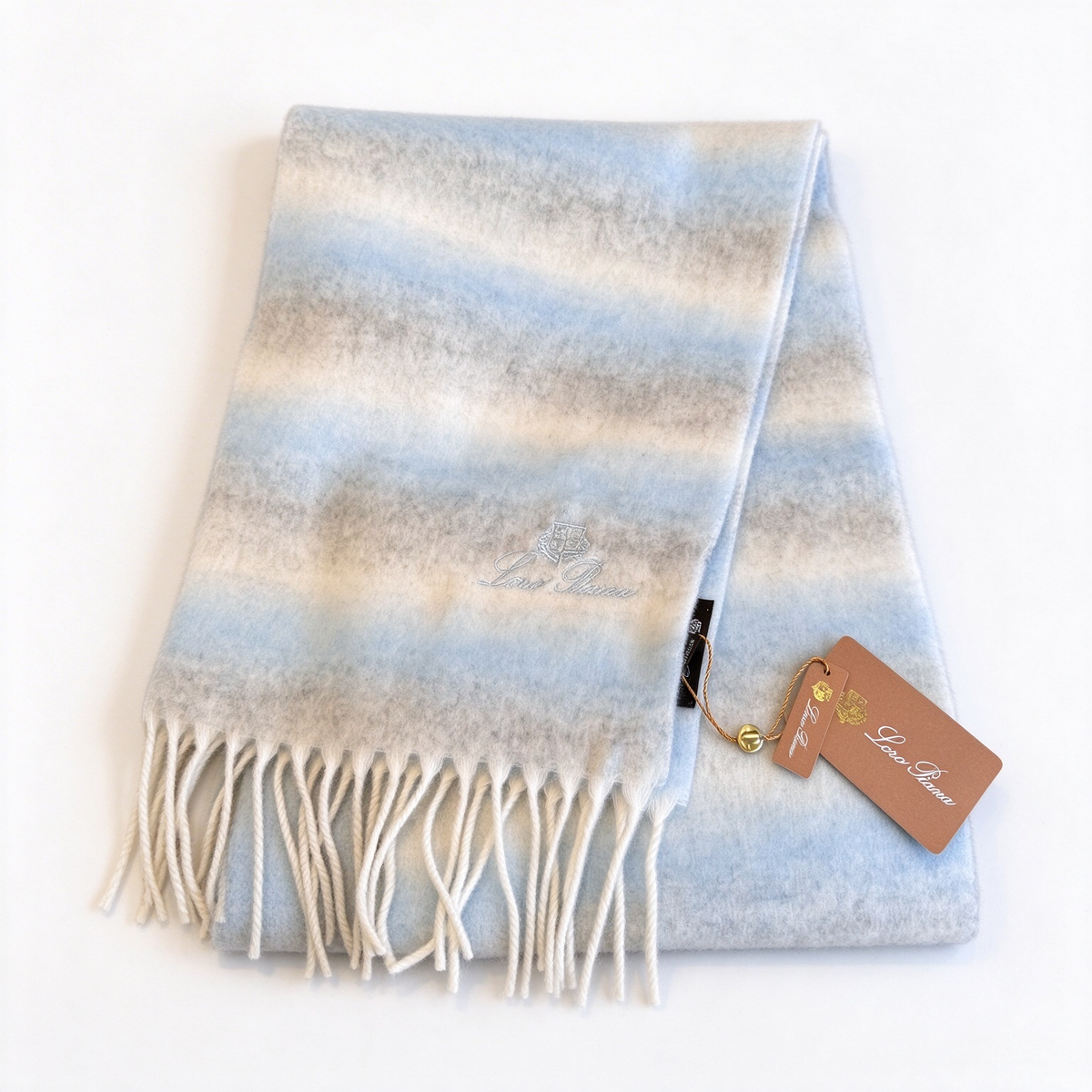 Loro Piana Ombré Baby Blue & White Cashmere Scarf | Silver-Embroidered Logo Fringe Wrap Stole
