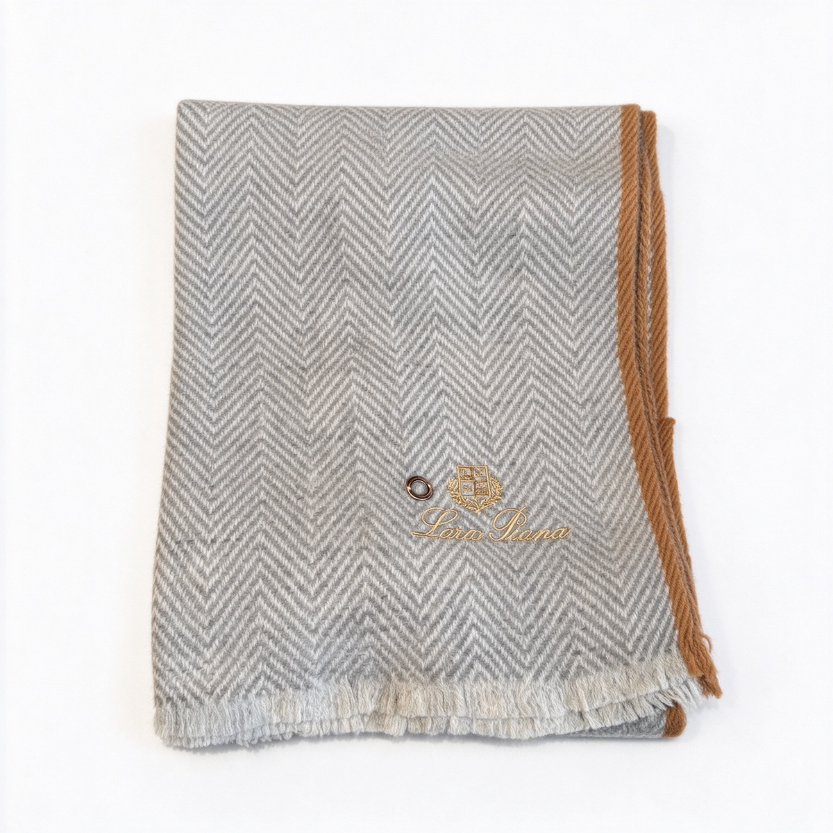 Loro Piana Grey & Camel Herringbone Cashmere Scarf | Signature Gold-Embroidered Logo Wrap Stole