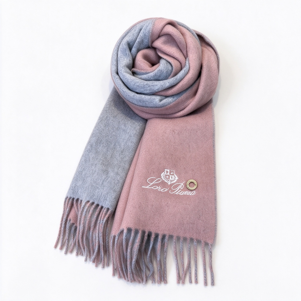 Loro Piana Gifts  Cashmere Scarf | Ombré Dusty Rose Pink & Grey Luxury Wrap with Embroidered Crest Logo & Gold Metal Ring