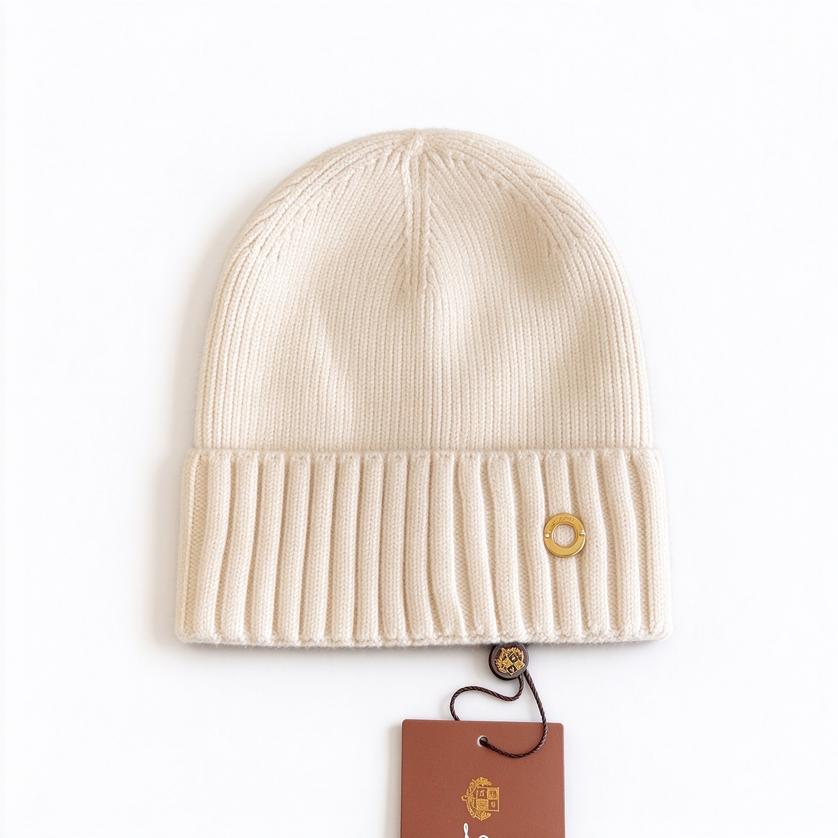 Loro Piana Cream Cashmere Ribbed Beanie Hat | Gold Ring Embellished Luxury Knit Winter Cap