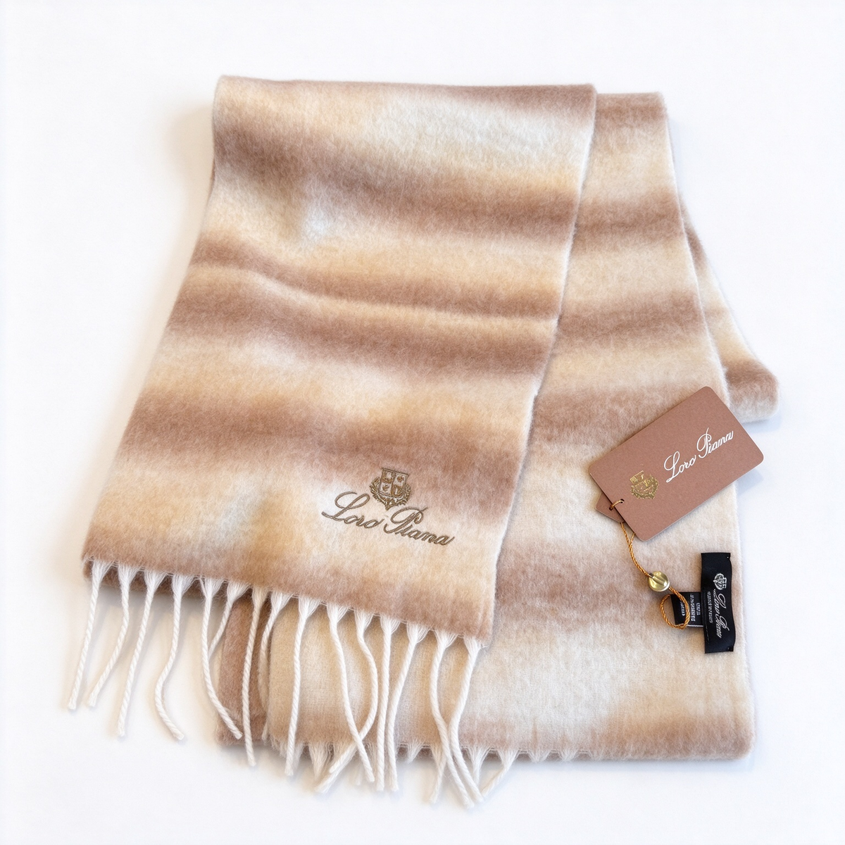 Loro Piana Ombré Stripe Cashmere Scarf | Warm Earth-Tone Gradient Wrap with Gold Crest Embroidery