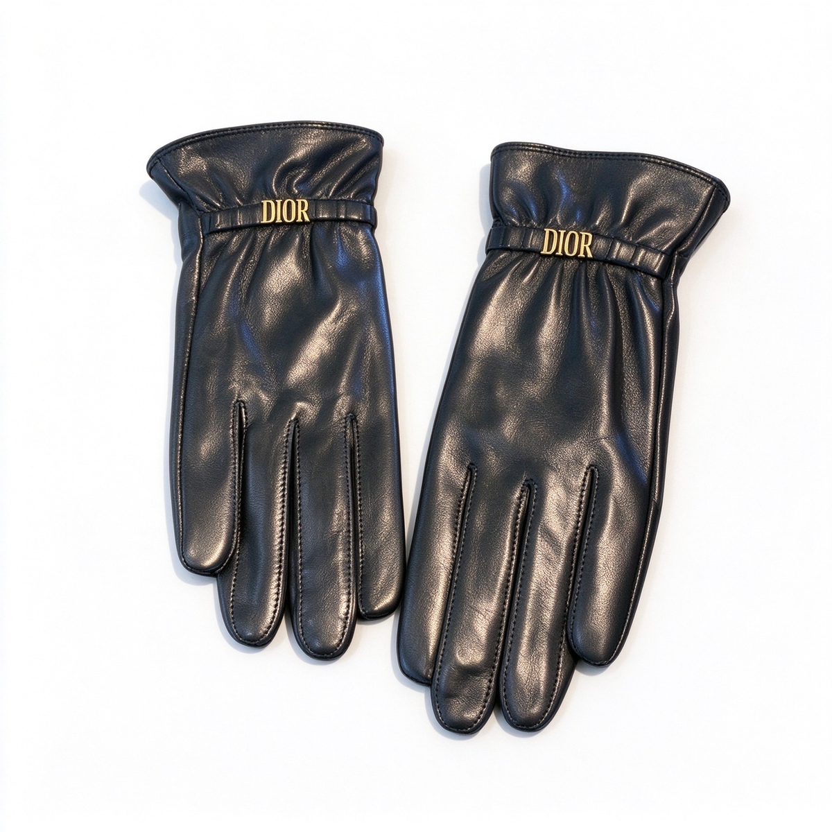 Dior Lambskin Leather Gloves | Black with Gold-Tone DIOR Letter Band & Gathered Cuff