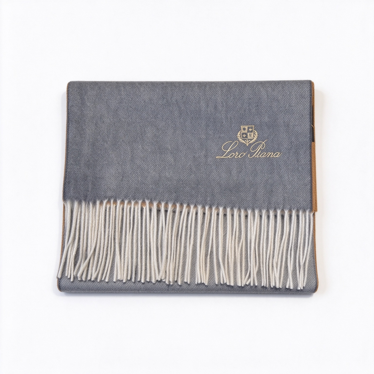 Loro Piana Cashmere Grande Unita Reversible Scarf Steel Grey Camel | Gold Embroidered Crest Ivory Fringe Luxury Wrap Women's & Men's