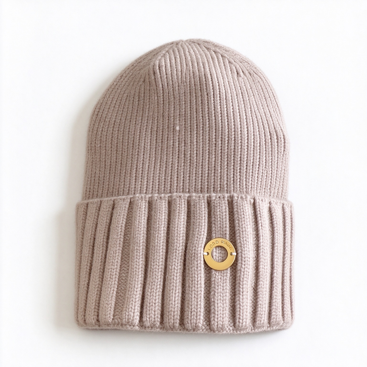 Loro Piana Taupe Cashmere Ribbed Beanie Hat | Gold Ring Embellished Luxury Knit Winter Cap