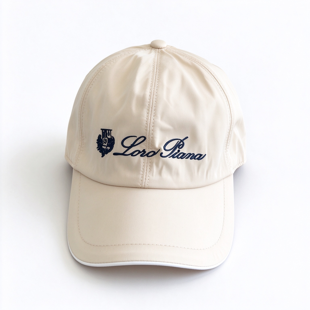 Loro Piana Storm System  Nylon Baseball Cap - Oatmeal/Ivory Waterproof Sport Golf Hat with Navy Blue Logo Embroidery, Luxury Designer Cap