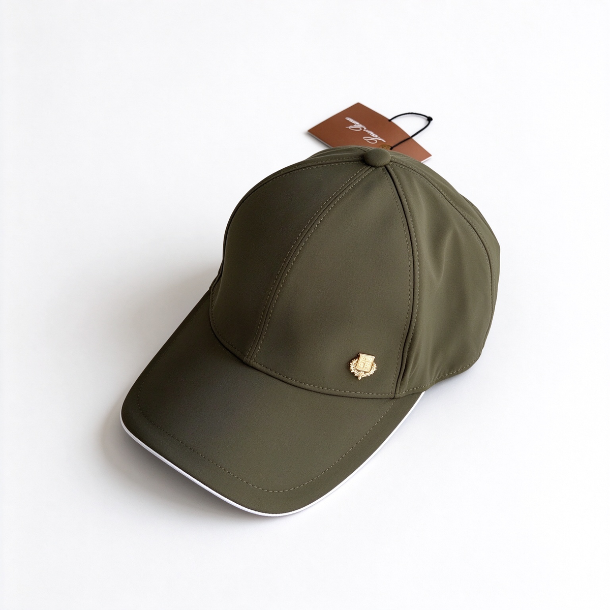 Loro Piana Storm System  Baseball Cap | Khaki Green Waterproof Wind Microfiber Hat with White Trim & Gold Crest Badge