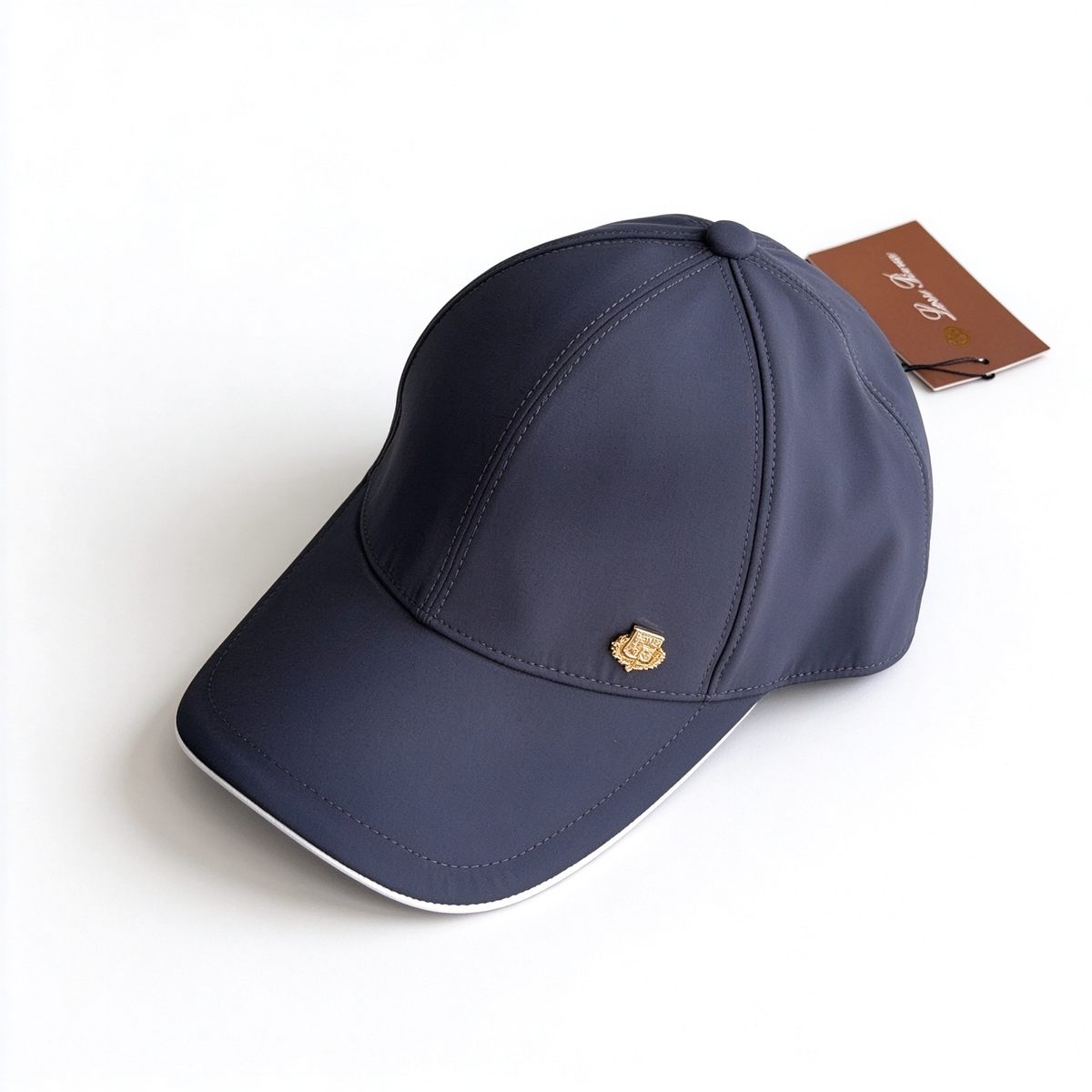 Loro Piana Storm System  Baseball Cap | Navy Blue Waterproof Wind Microfiber Hat with White Trim & Gold Crest Badge