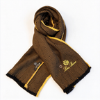 Loro Piana Camel & Black Herringbone Cashmere Scarf | Gold Crest Embroidered Reversible Wrap Stole