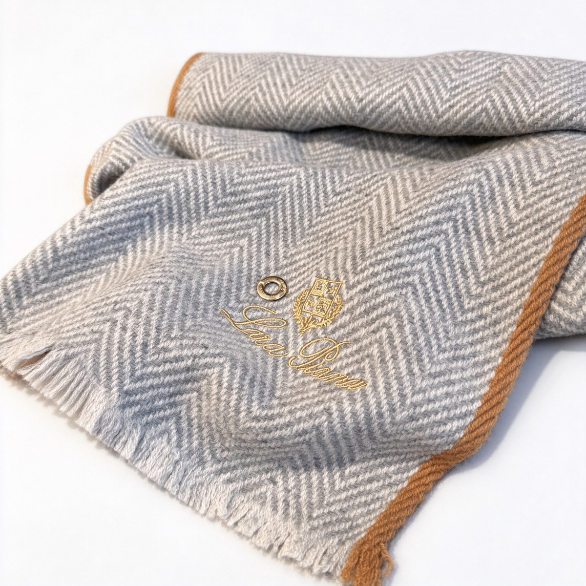 Loro Piana Grey & Camel Herringbone Cashmere Scarf | Signature Gold-Embroidered Logo Wrap Stole