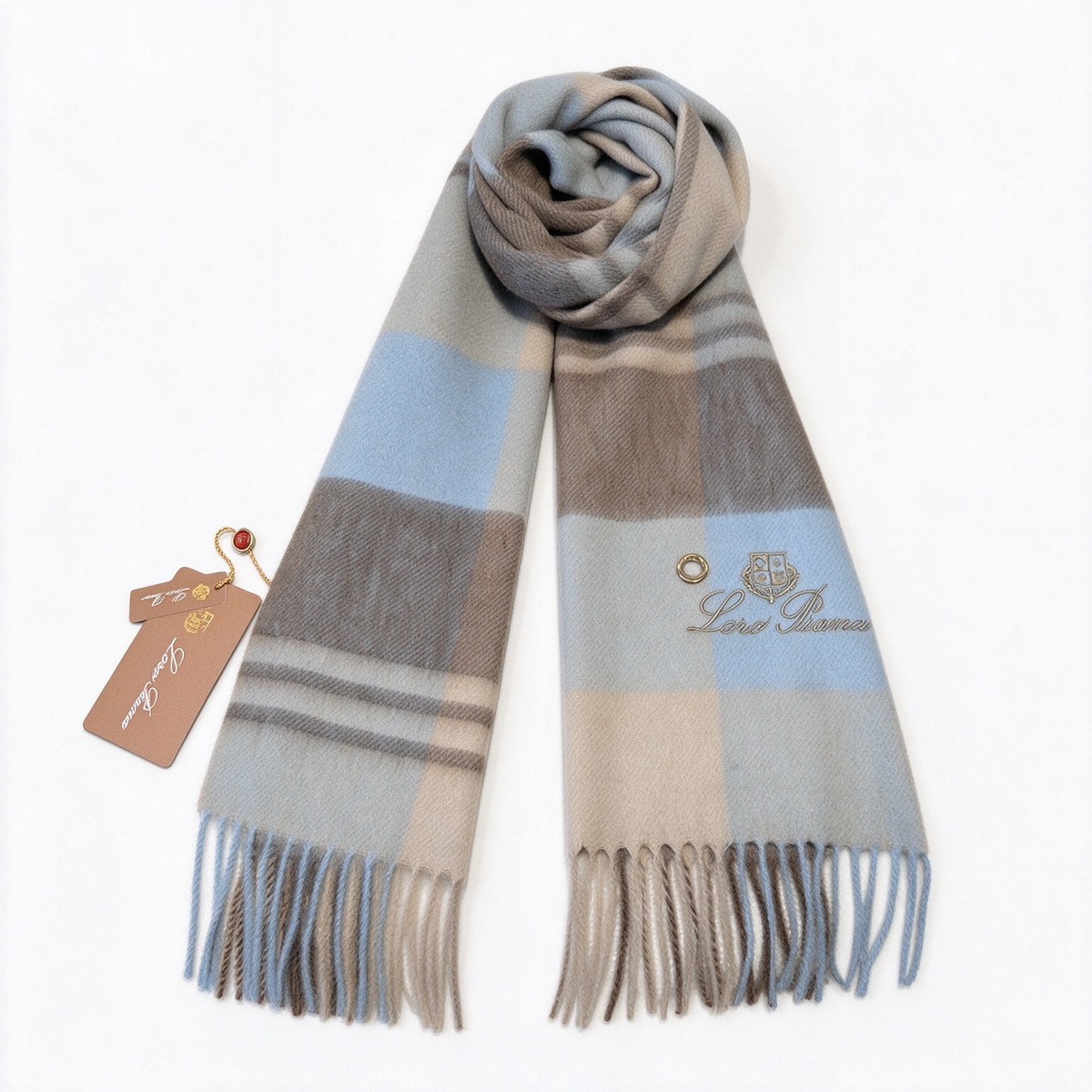 Loro Piana  Cashmere Tartan Check Scarf Shawl Sky Blue Oatmeal Taupe | Luxury Embroidered Crest Fringed Wrap Women's & Men's