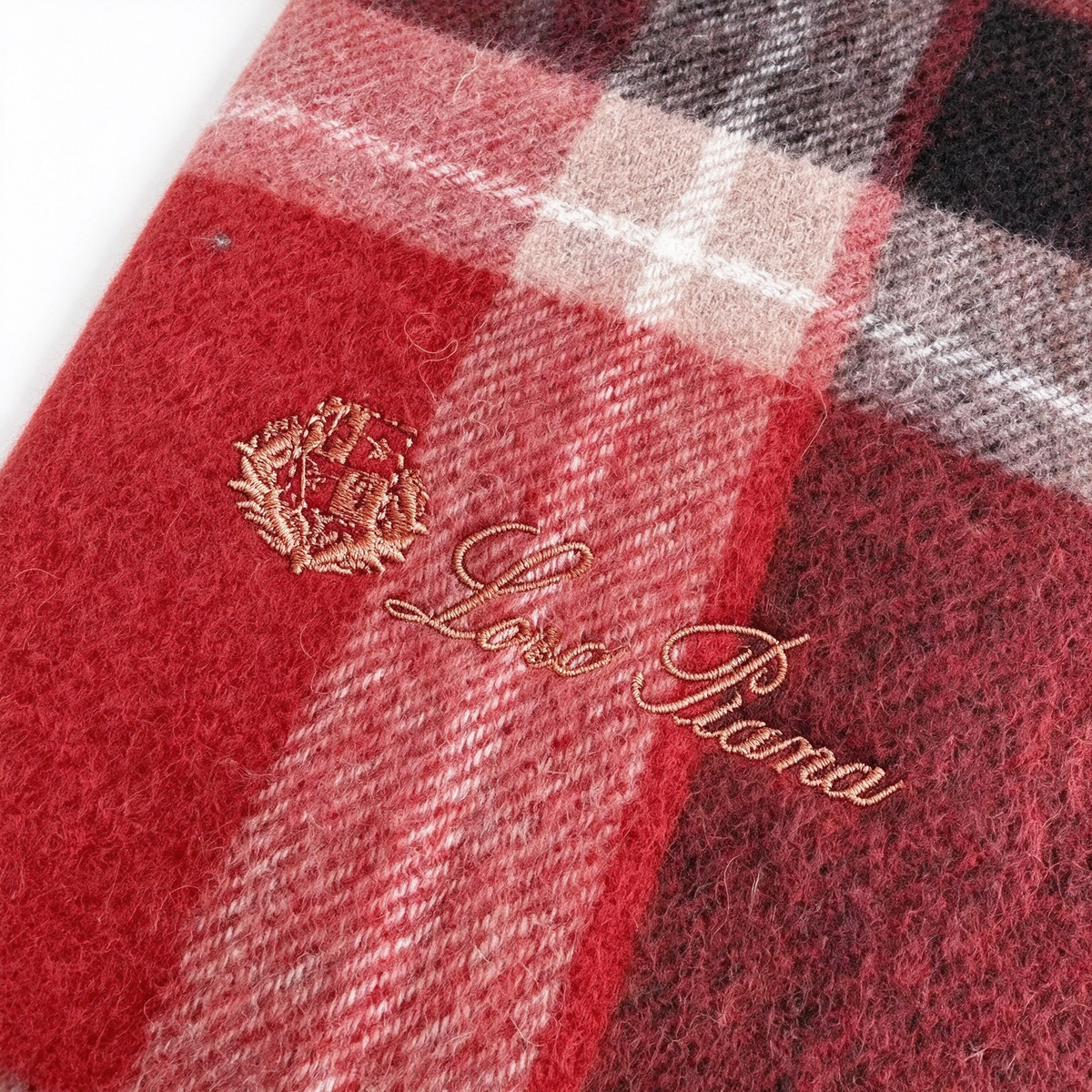 Loro Piana  Cashmere Tartan Plaid Scarf Shawl Burgundy Black Pink Grey | Luxury Embroidered Crest Fringed Wrap Women's & Men's