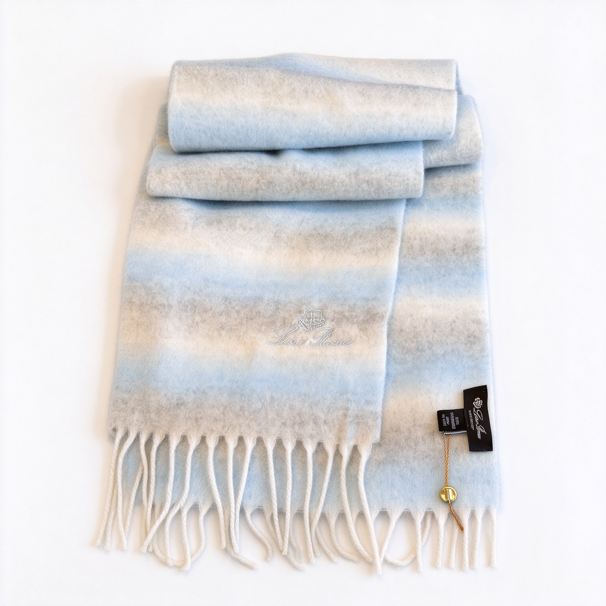 Loro Piana Ombré Baby Blue & White Cashmere Scarf | Silver-Embroidered Logo Fringe Wrap Stole