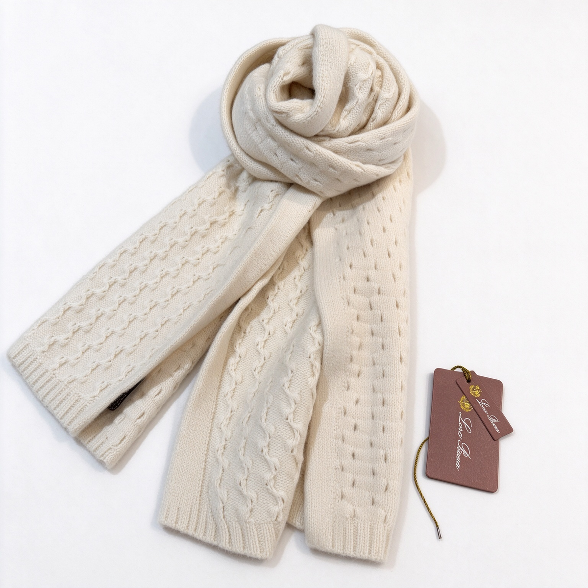 Loro Piana Cream Cable Knit Cashmere Scarf | Luxury Italian Woven Wool Wrap Shawl