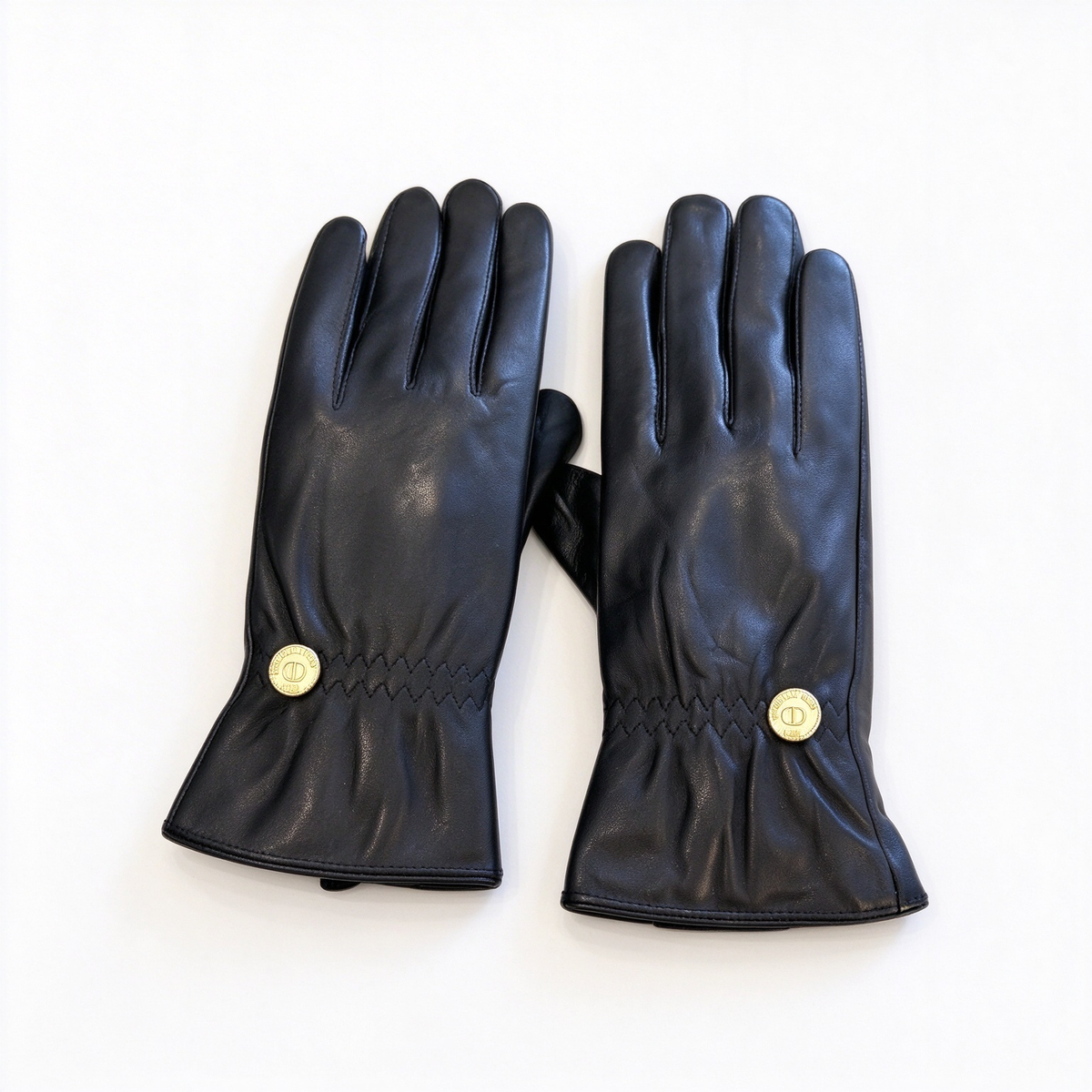 Dior Lambskin Leather Gloves | Black with Gold-Tone Circular CD Button & Smocked Wrist Detail