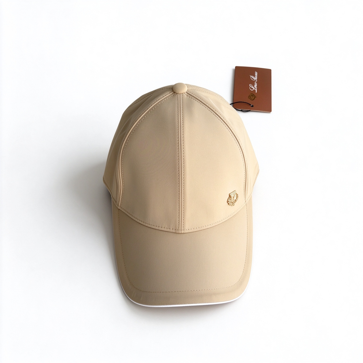 Loro Piana Storm System  Baseball Cap | Sand/Beige Wind Microfiber Waterproof Hat with Ivory Trim & Gold Crest Badge