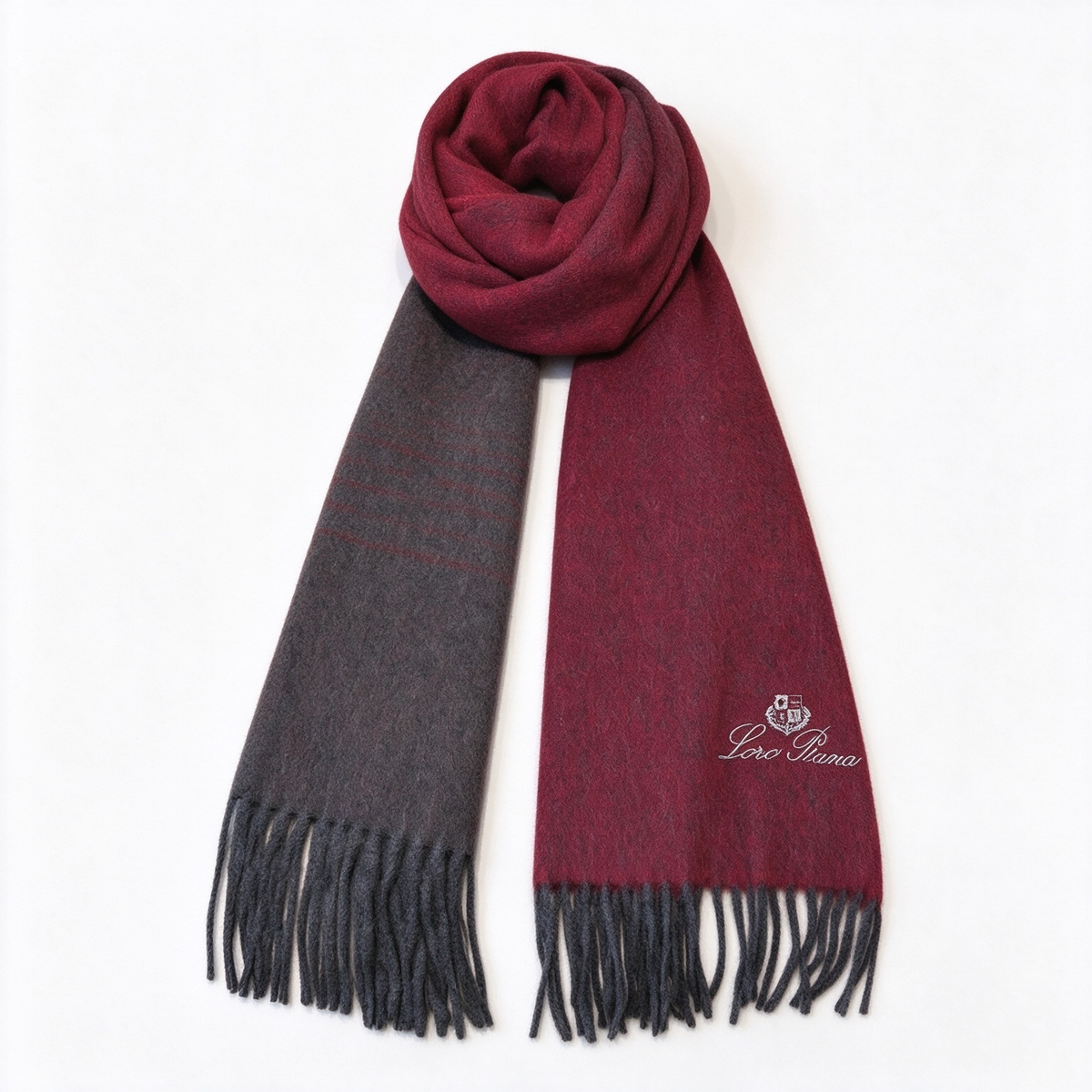 Loro Piana  Cashmere Grande Unita Reversible Scarf Burgundy & Charcoal Grey | Two-Tone Luxury Fringed Wrap Women's & Men's