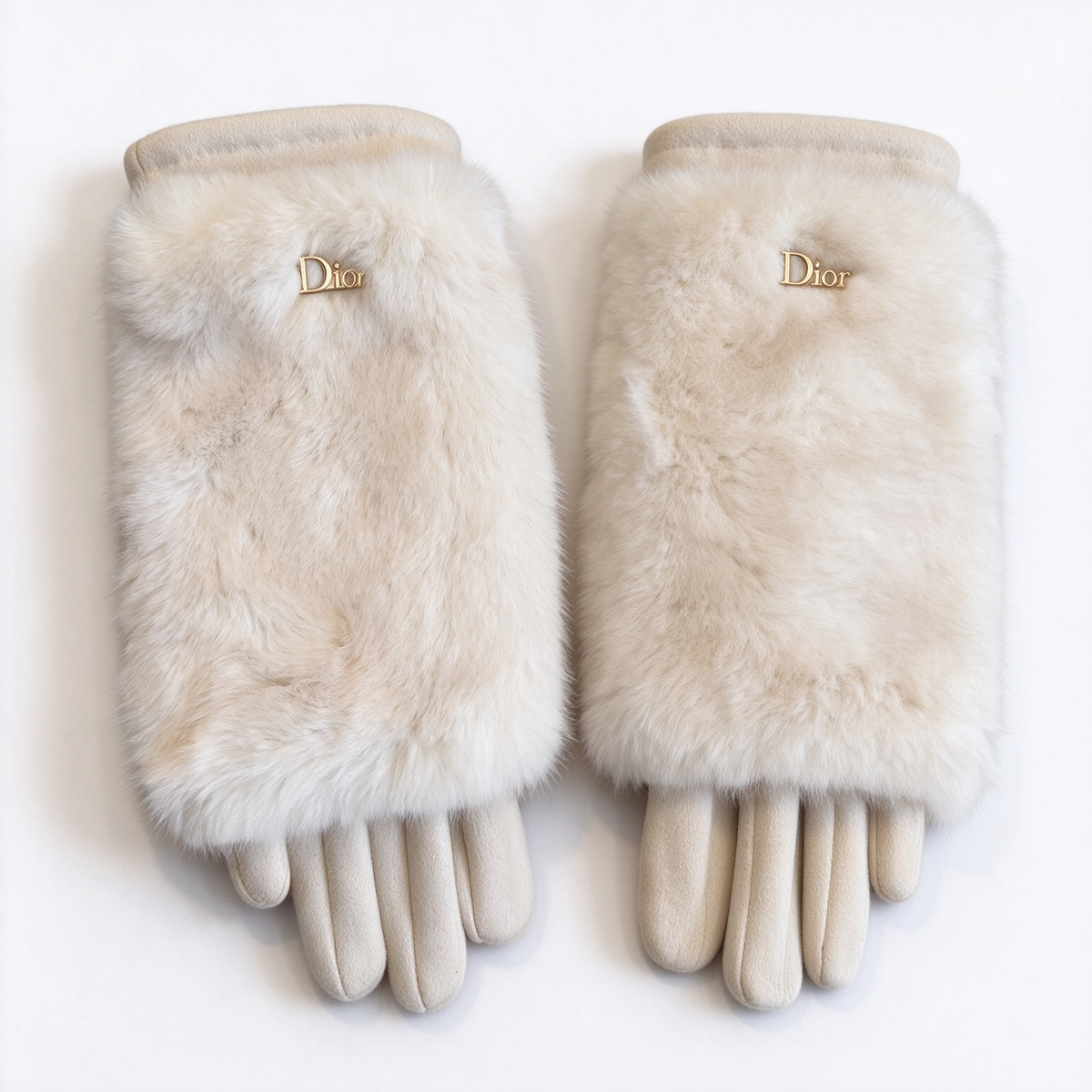 Dior Shearling Fur Gloves | Cream Beige Rabbit Fur & Suede with Gold Dior Logo