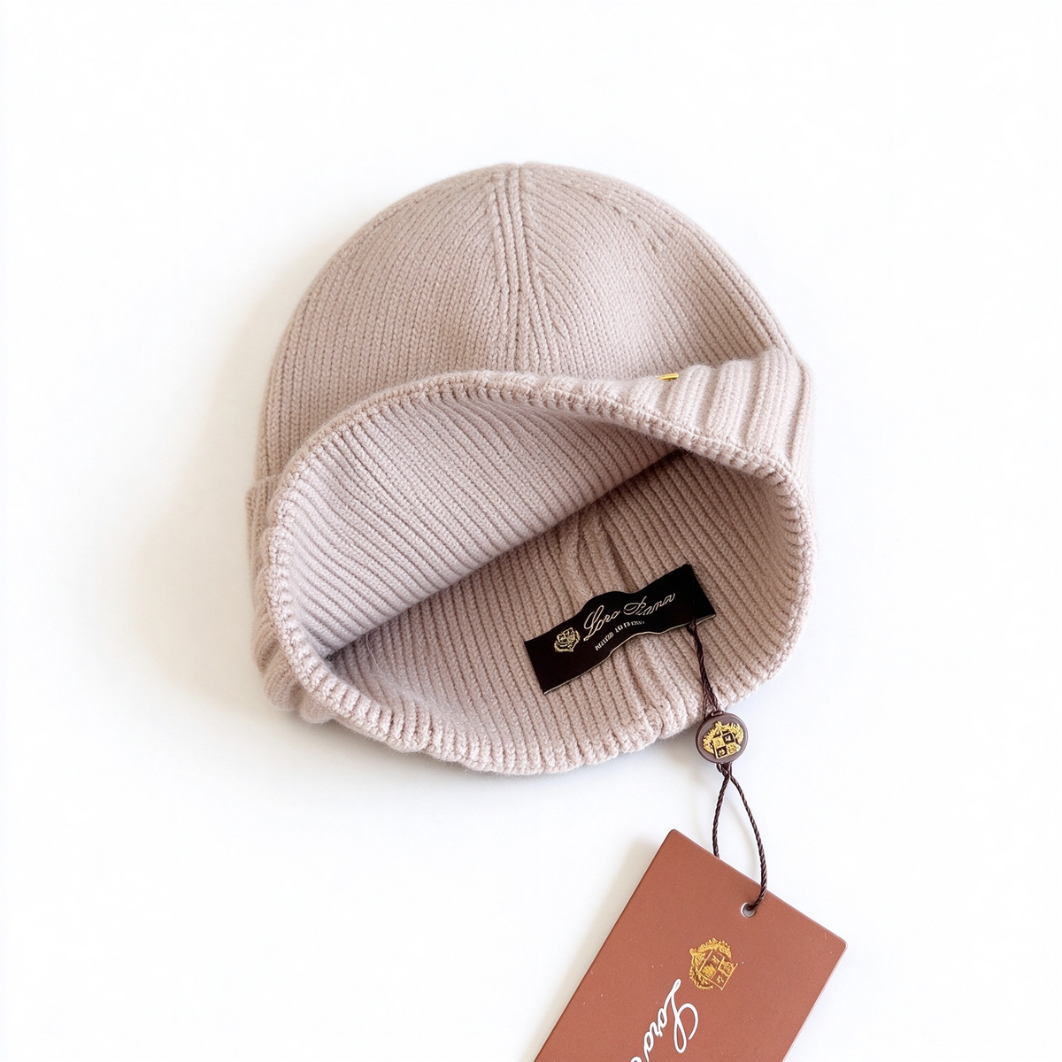 Loro Piana Taupe Cashmere Ribbed Beanie Hat | Gold Ring Embellished Luxury Knit Winter Cap
