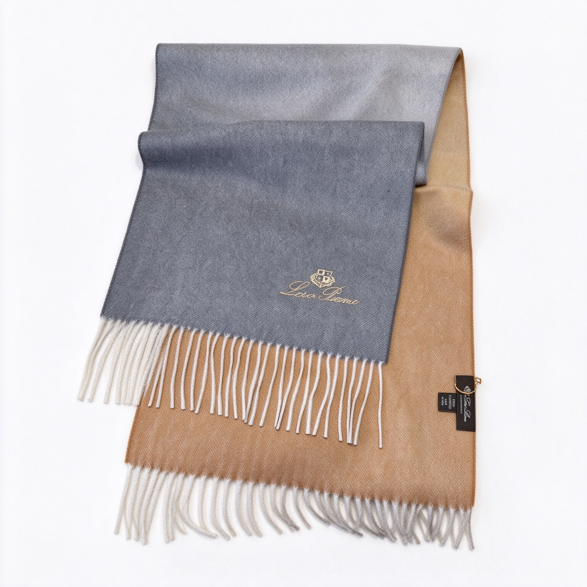 Loro Piana Cashmere Grande Unita Reversible Scarf Steel Grey Camel | Gold Embroidered Crest Ivory Fringe Luxury Wrap Women's & Men's