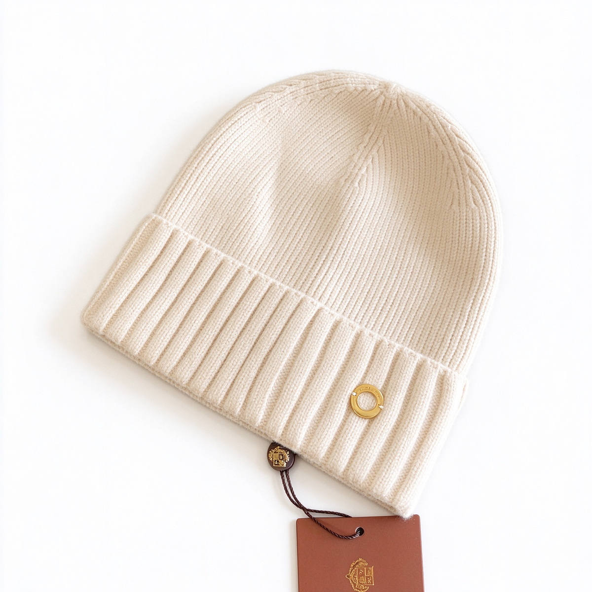 Loro Piana Cream Cashmere Ribbed Beanie Hat | Gold Ring Embellished Luxury Knit Winter Cap