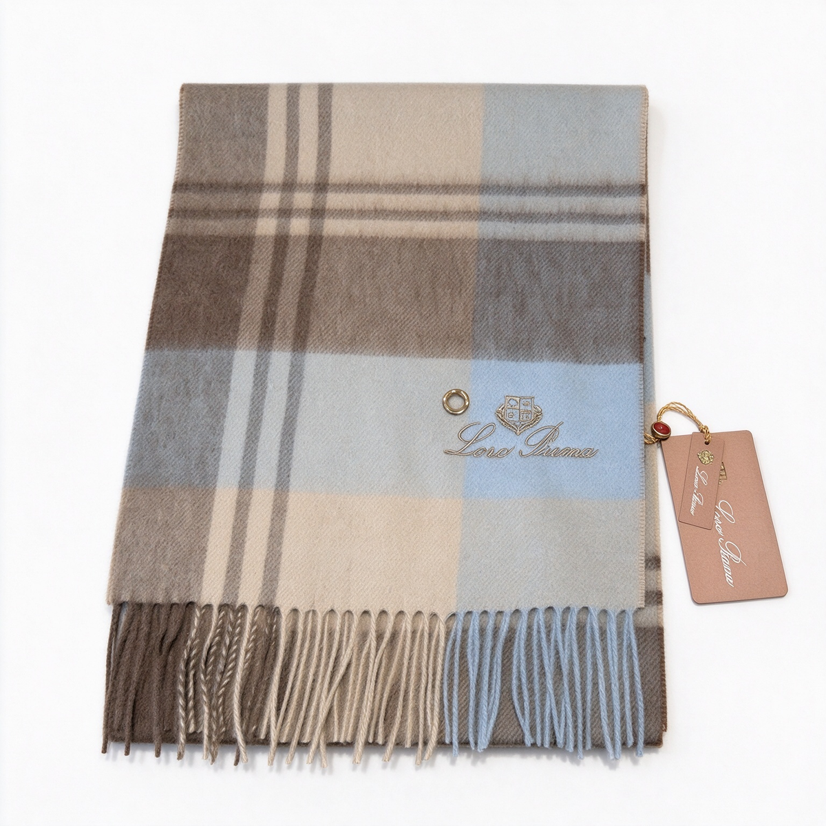Loro Piana  Cashmere Tartan Check Scarf Shawl Sky Blue Oatmeal Taupe | Luxury Embroidered Crest Fringed Wrap Women's & Men's