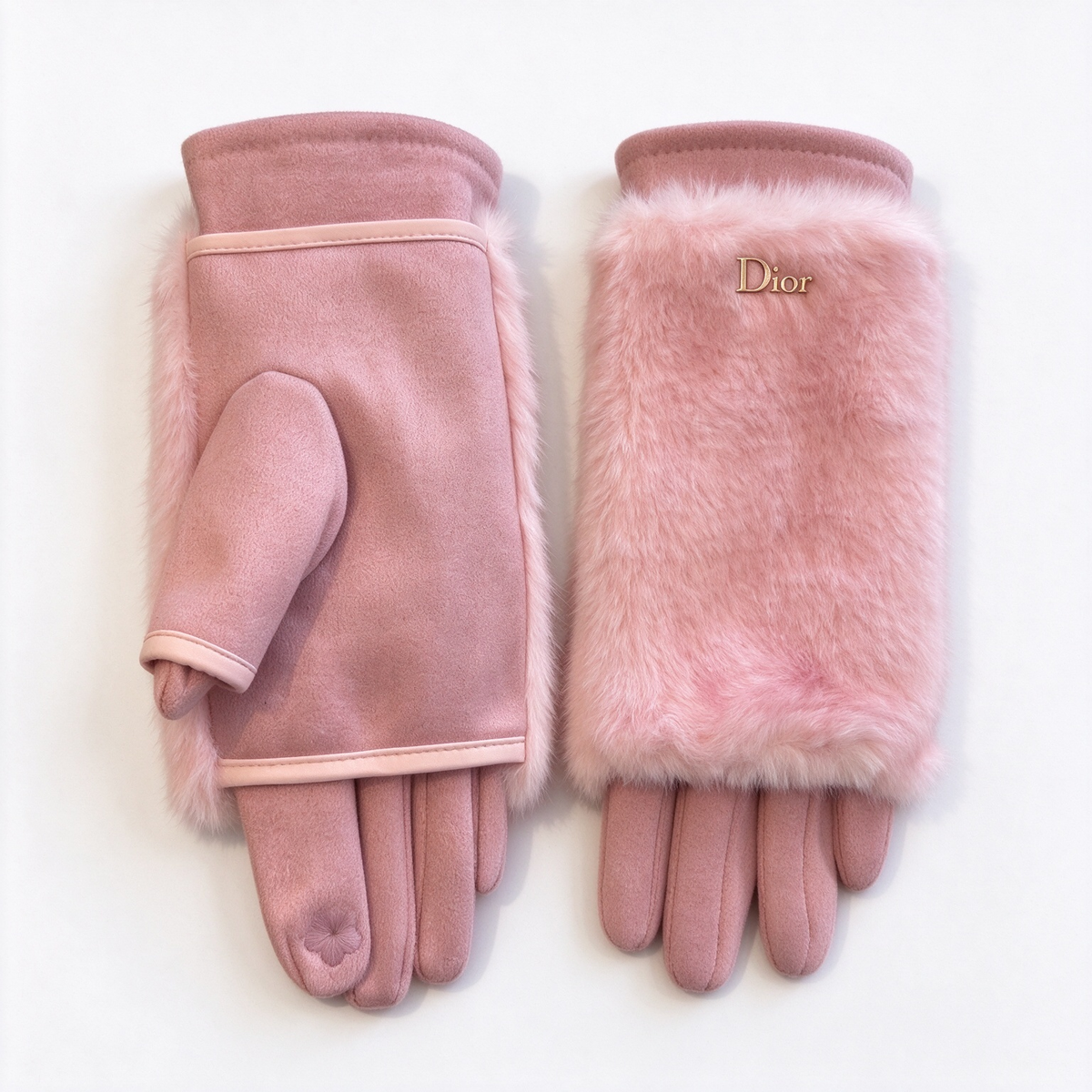 Dior Shearling Fur Gloves | Millennial Pink Rabbit Fur & Suede with Gold Dior Logo