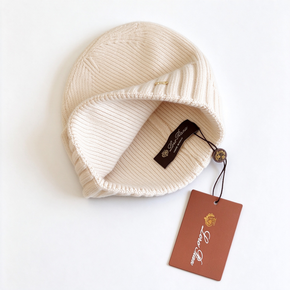 Loro Piana Cream Cashmere Ribbed Beanie Hat | Gold Ring Embellished Luxury Knit Winter Cap