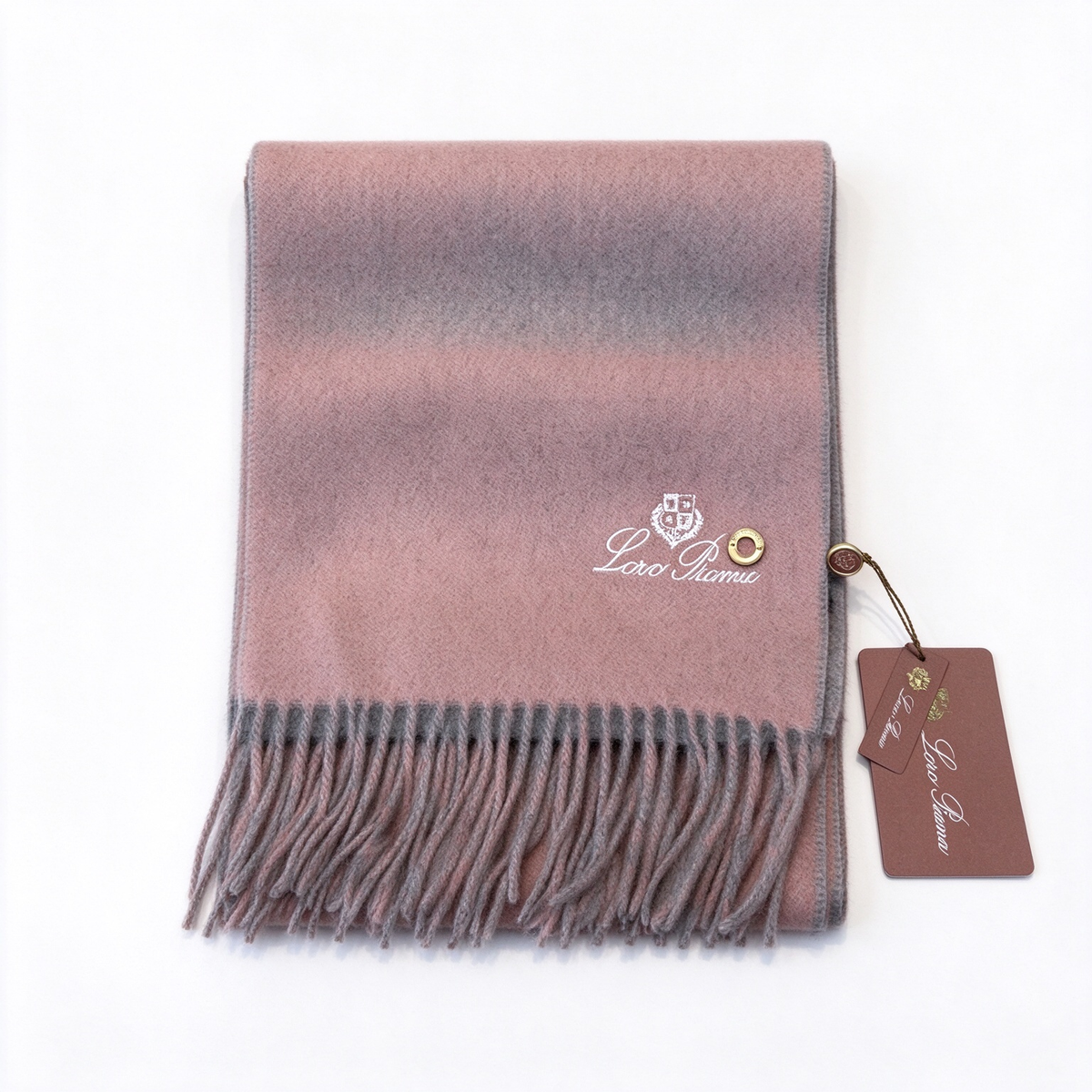 Loro Piana Gifts  Cashmere Scarf | Ombré Dusty Rose Pink & Grey Luxury Wrap with Embroidered Crest Logo & Gold Metal Ring