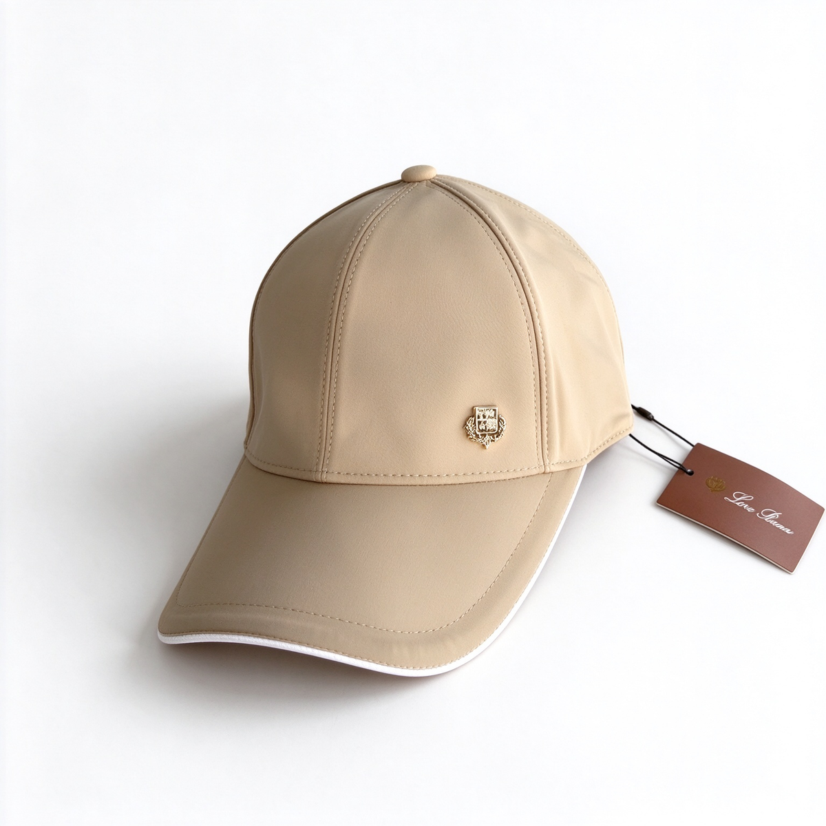 Loro Piana Storm System  Baseball Cap | Sand/Beige Wind Microfiber Waterproof Hat with Ivory Trim & Gold Crest Badge