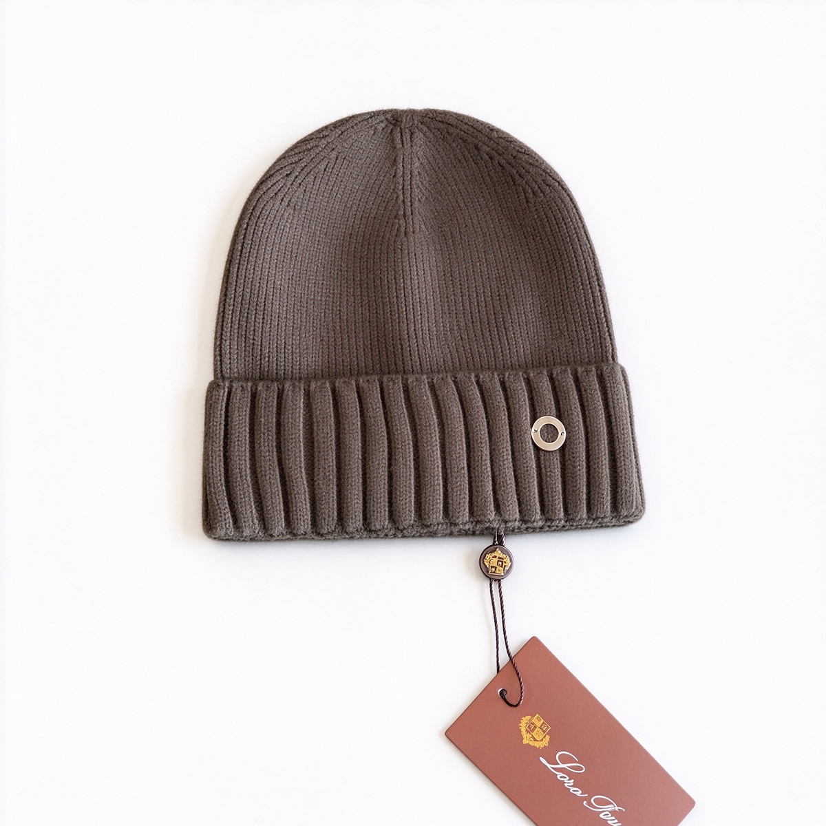 Loro Piana Cream Cashmere Ribbed Beanie Hat | Gold Ring Embellished Luxury Knit Winter Cap