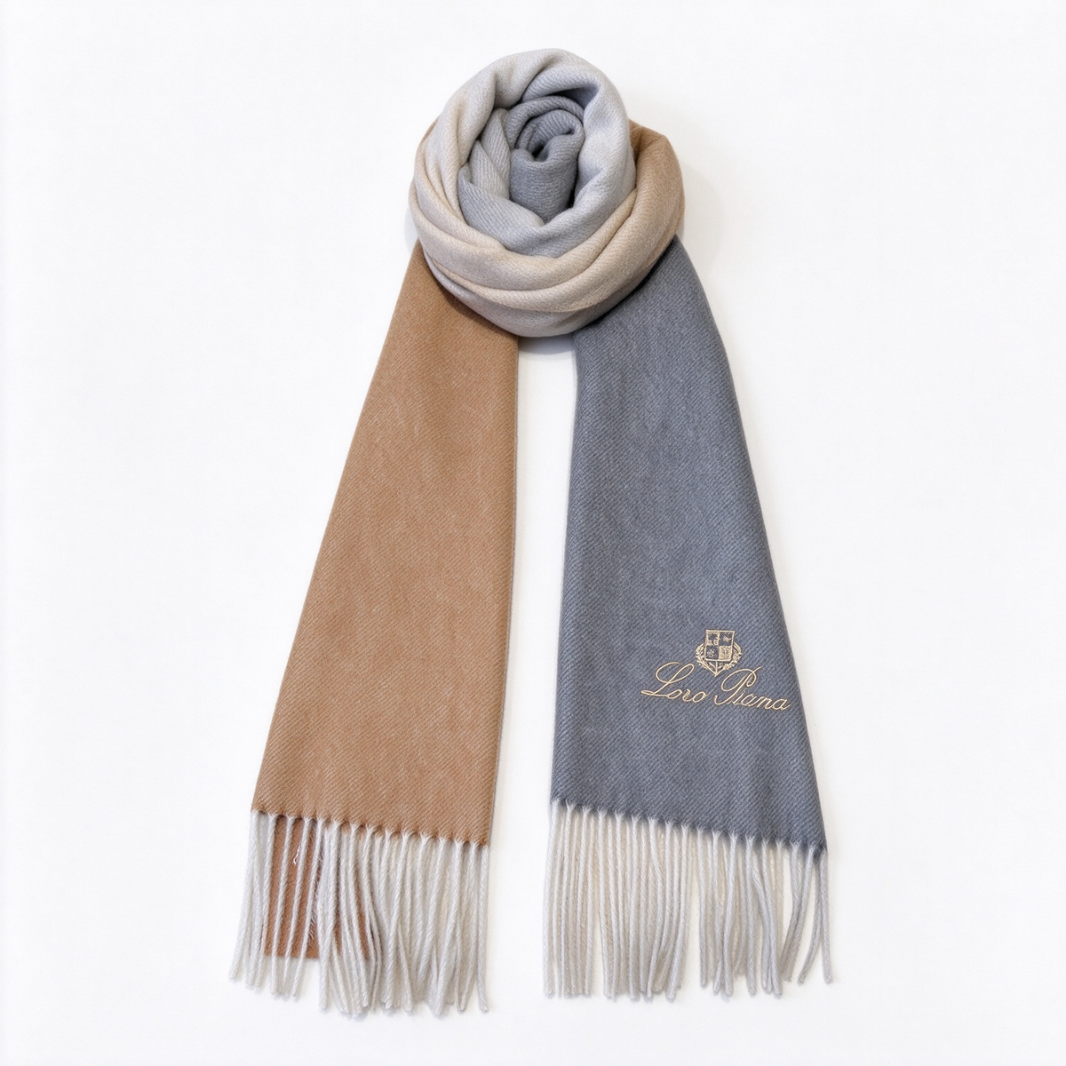 Loro Piana Cashmere Grande Unita Reversible Scarf Steel Grey Camel | Gold Embroidered Crest Ivory Fringe Luxury Wrap Women's & Men's