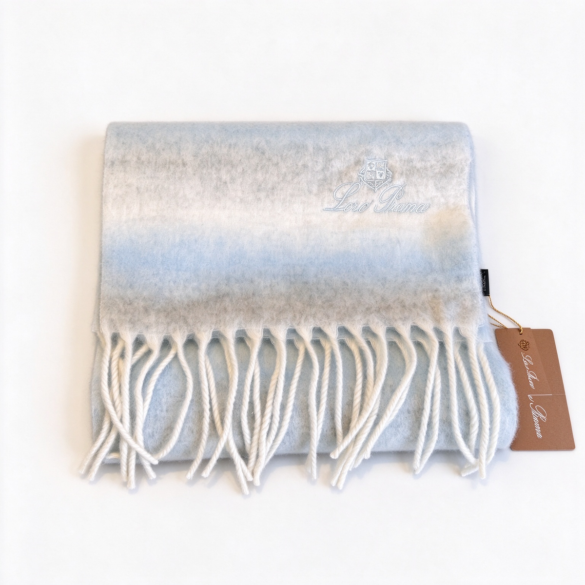 Loro Piana Ombré Baby Blue & White Cashmere Scarf | Silver-Embroidered Logo Fringe Wrap Stole