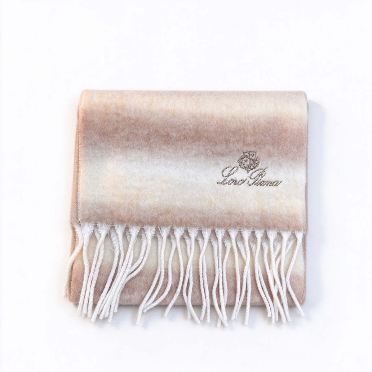 Loro Piana Ombré Stripe Cashmere Scarf | Warm Earth-Tone Gradient Wrap with Gold Crest Embroidery