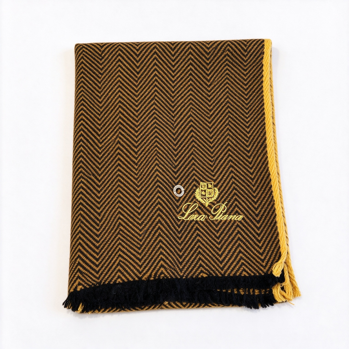 Loro Piana Camel & Black Herringbone Cashmere Scarf | Gold Crest Embroidered Reversible Wrap Stole