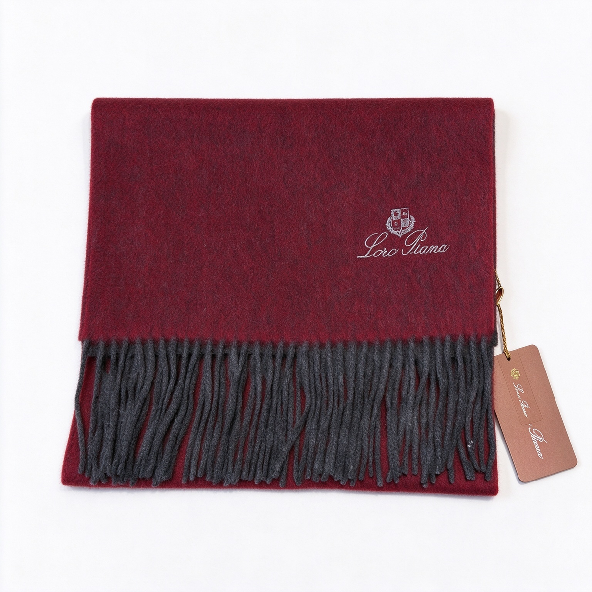 Loro Piana  Cashmere Grande Unita Reversible Scarf Burgundy & Charcoal Grey | Two-Tone Luxury Fringed Wrap Women's & Men's