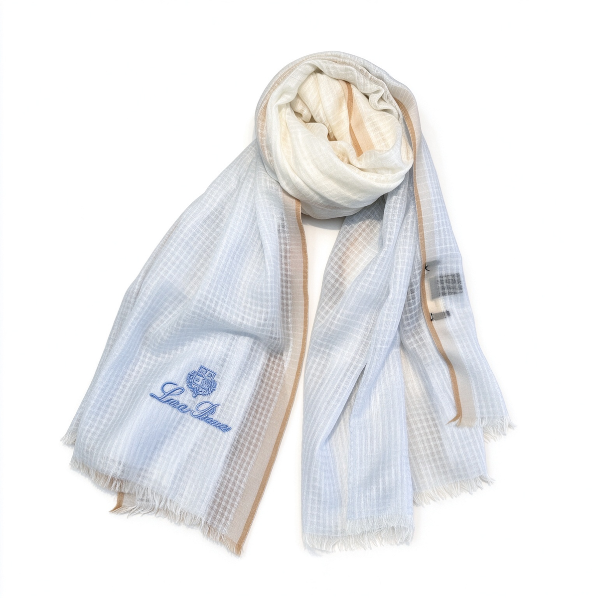Loro Piana  Linen Large Scarf Stole | Luxury Spring Summer Wrap in Ivory with Beige Satin Trim | Blue Embroidered Crest Logo
