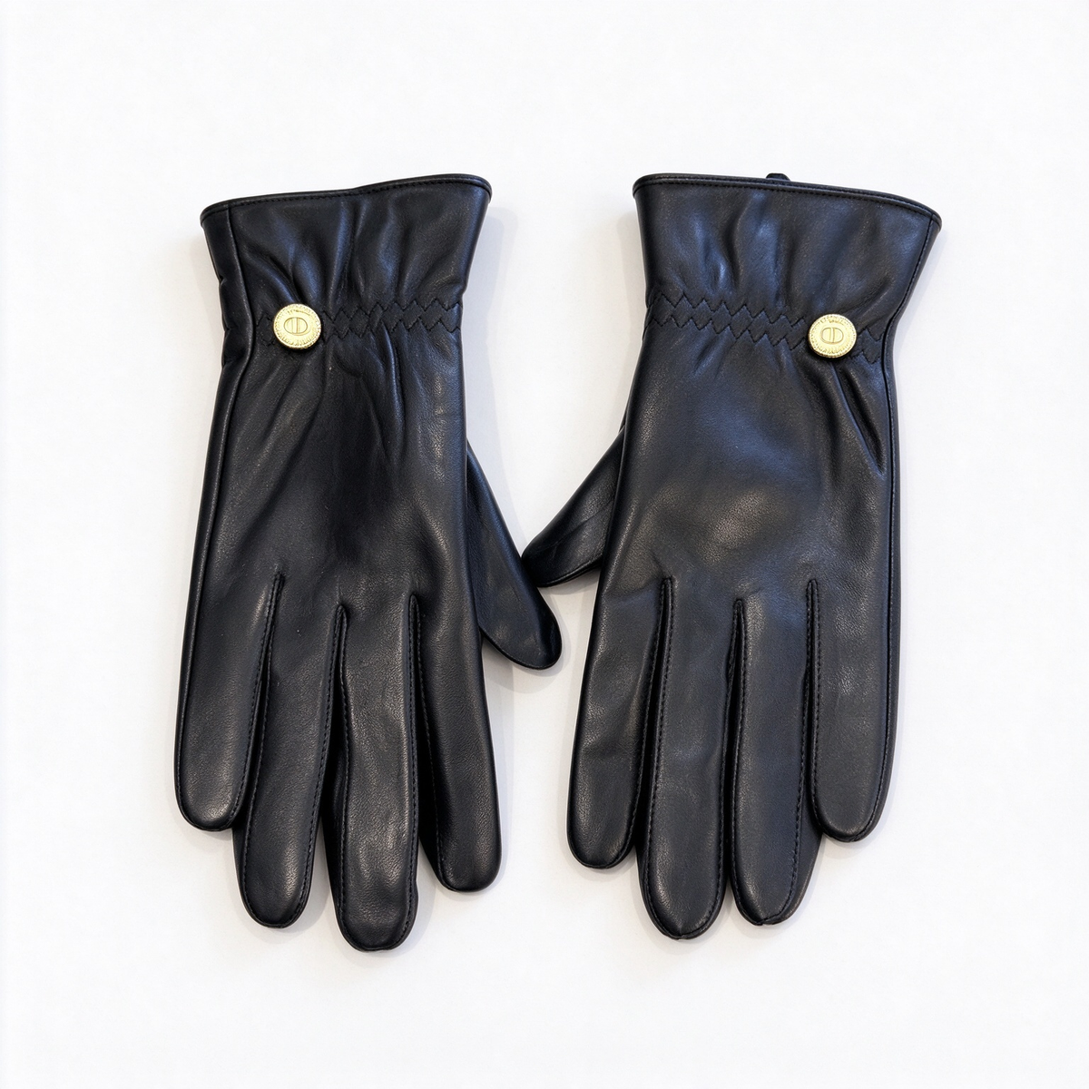 Dior Lambskin Leather Gloves | Black with Gold-Tone Circular CD Button & Smocked Wrist Detail