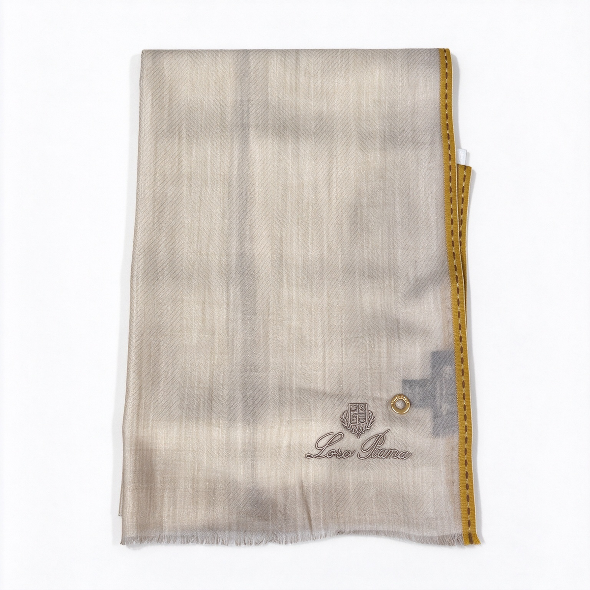 Loro Piana  Cashmere Scarf | Classic Plaid Luxury Wrap in Oatmeal & Grey with Mustard Yellow Satin Trim | Embroidered Crest & Gold Grommet