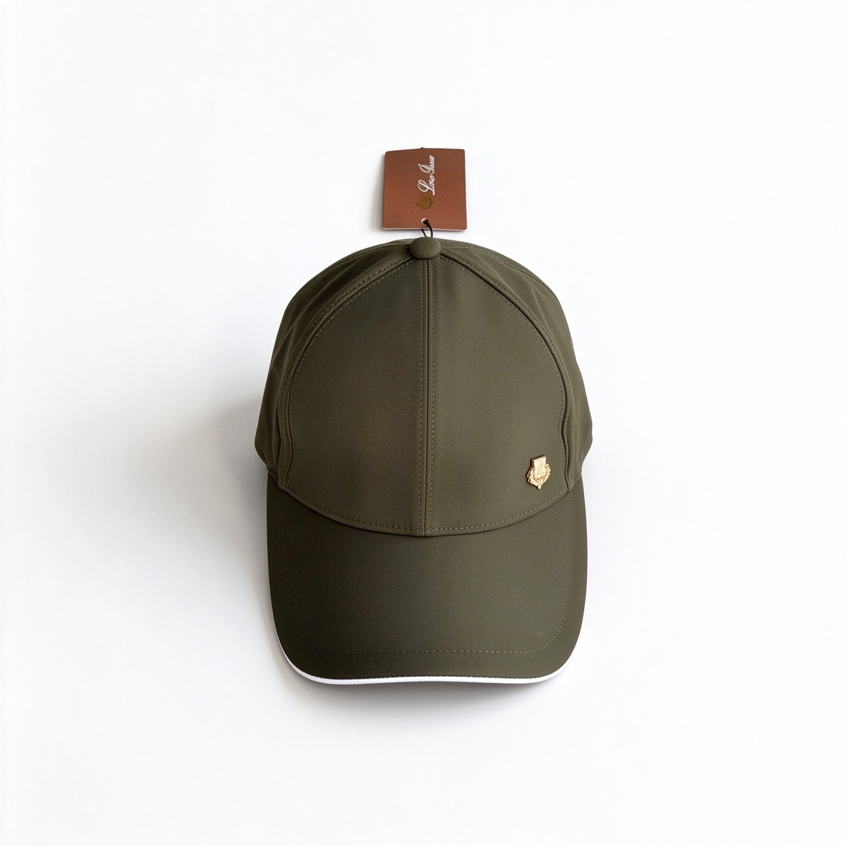 Loro Piana Storm System  Baseball Cap | Khaki Green Waterproof Wind Microfiber Hat with White Trim & Gold Crest Badge