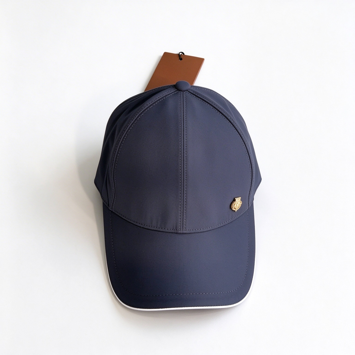 Loro Piana Storm System  Baseball Cap | Navy Blue Waterproof Wind Microfiber Hat with White Trim & Gold Crest Badge
